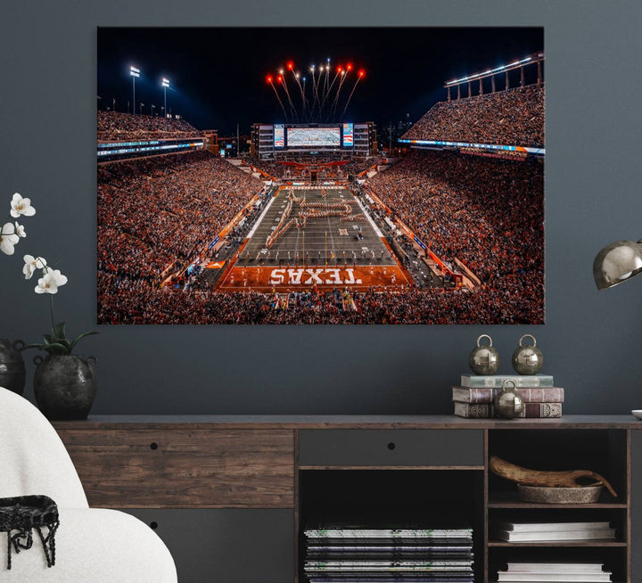 A Texas Memorial Stadium canvas print with fireworks embellishes the modern living room.