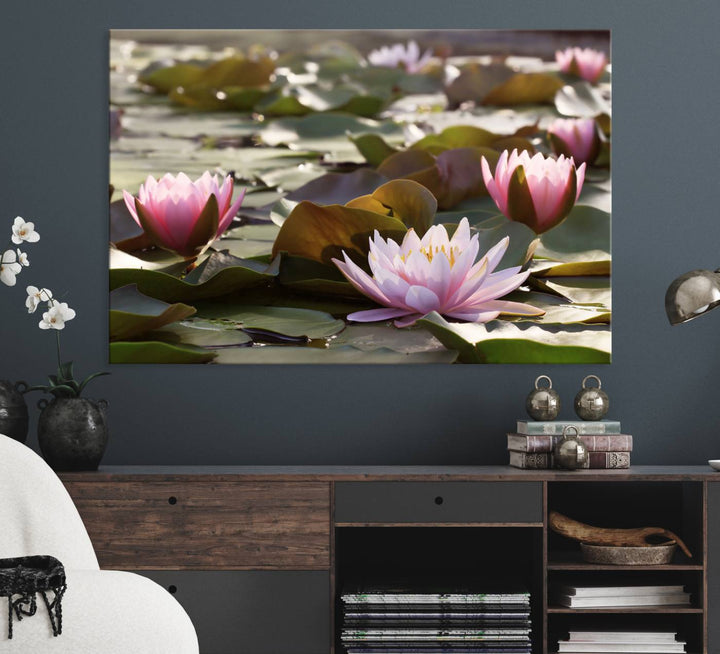 The dining room features the Water Lily Large Canvas Print.