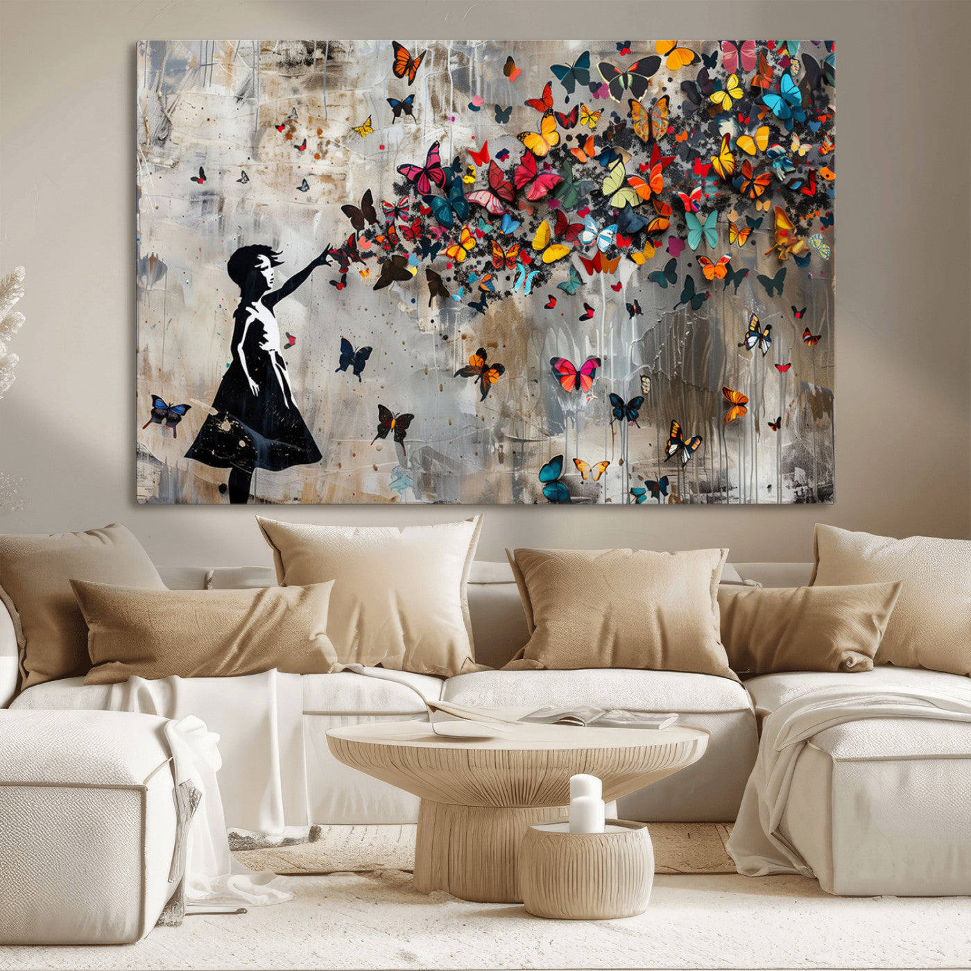 MGV-CV-36X24 - Banksy Butterfly Girl Wall Art | 3-Piece Butterfly Girl Canvas