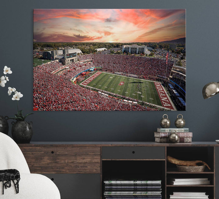 Gallery-quality Indiana Memorial Stadium Wall Art Canvas: A stunning view of the stadium at sunset.