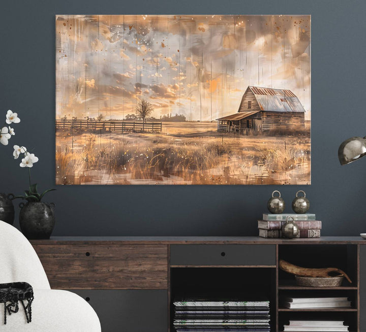 Rustic Farmhouse Wall Art Canvas depicting a barn under a cloudy sky.