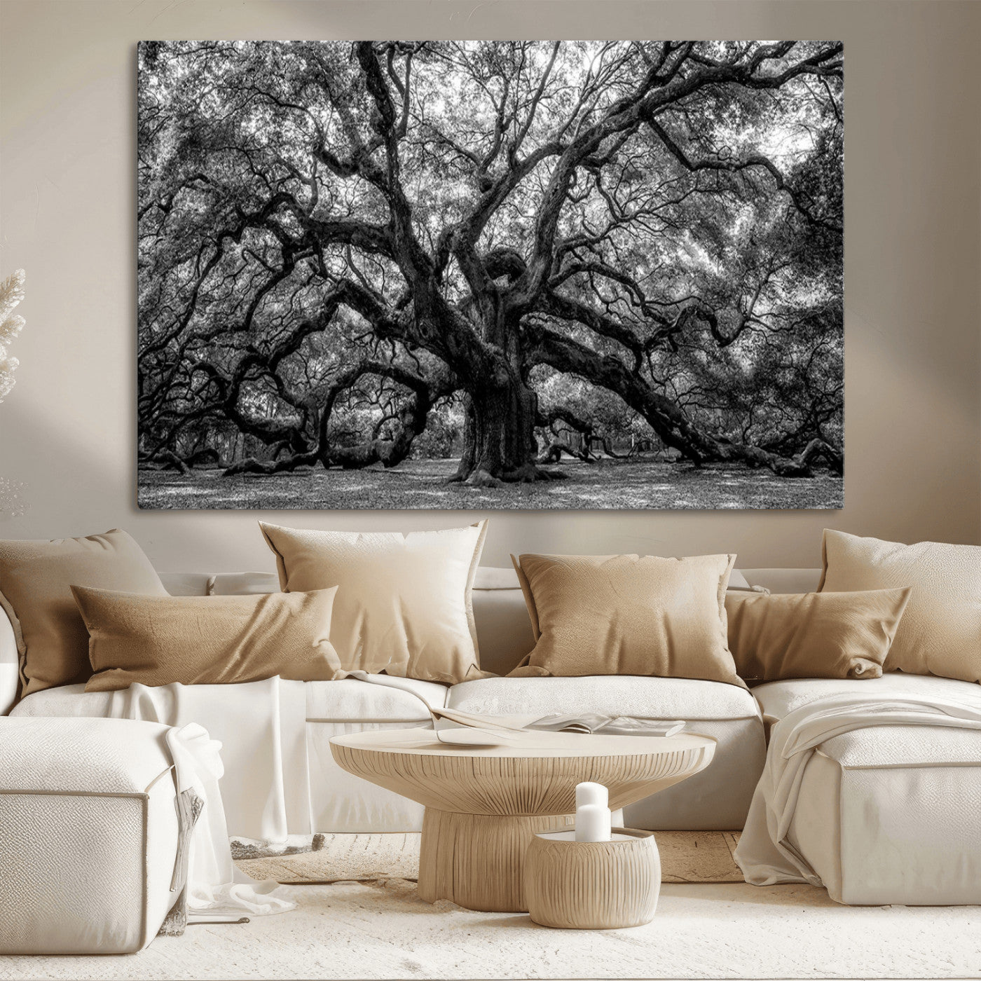 MGV-CV-36X24 - Black and White Old Angel Oak Tree Wall Art Canvas Print