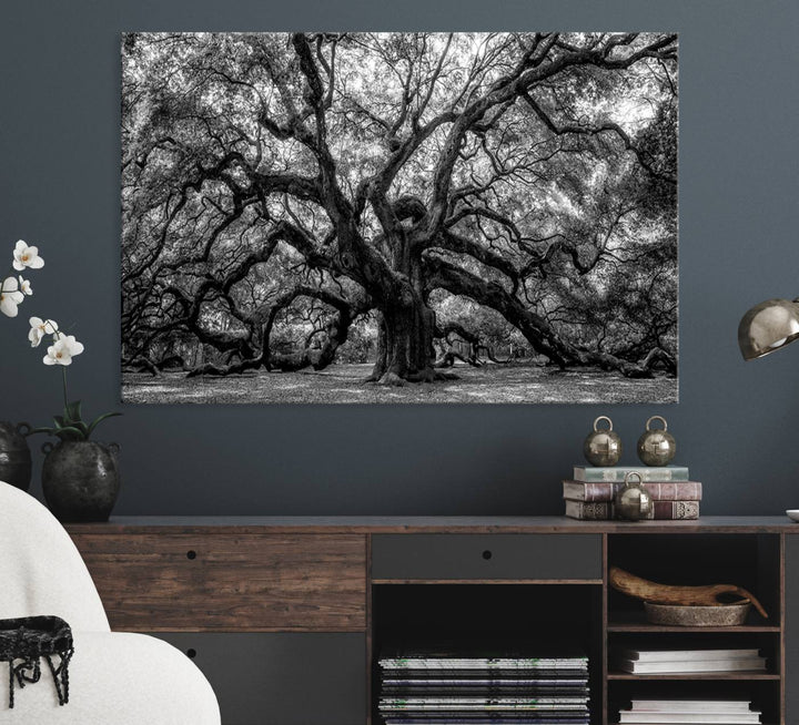 The Black and White Old Angel Oak Tree Canvas Print enhances the modern dining room.