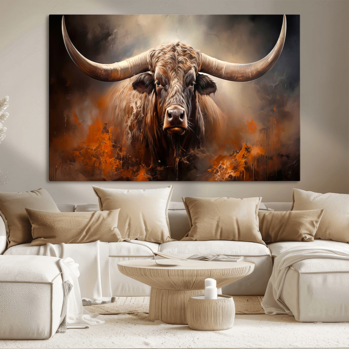 MGV-CV-36X24 - Highland Bull Canvas Abstract Canvas Wall Art Print – Powerful Highland Bull with Striking Horns in