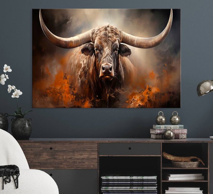 A Highland Bull with striking horns is depicted in a fiery abstract style on a ready-to-hang wall art canvas, evoking strength.