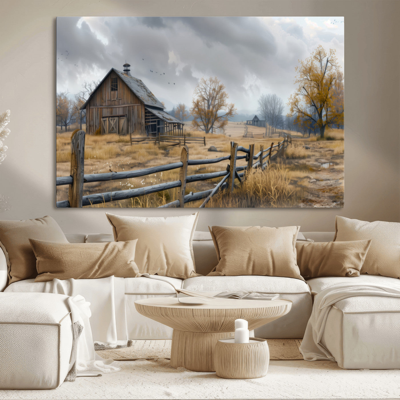 MGV-CV-36X24 - Rustic Autumn Farmhouse Wall Art Canvas Print – Serene Countryside Scene with Weathered Barn and