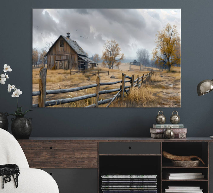 Rustic Autumn Farmhouse Wall Art – Weathered Barn & Trees Canvas Print, featuring a serene scene with birds in the sky. This piece is ready to hang.