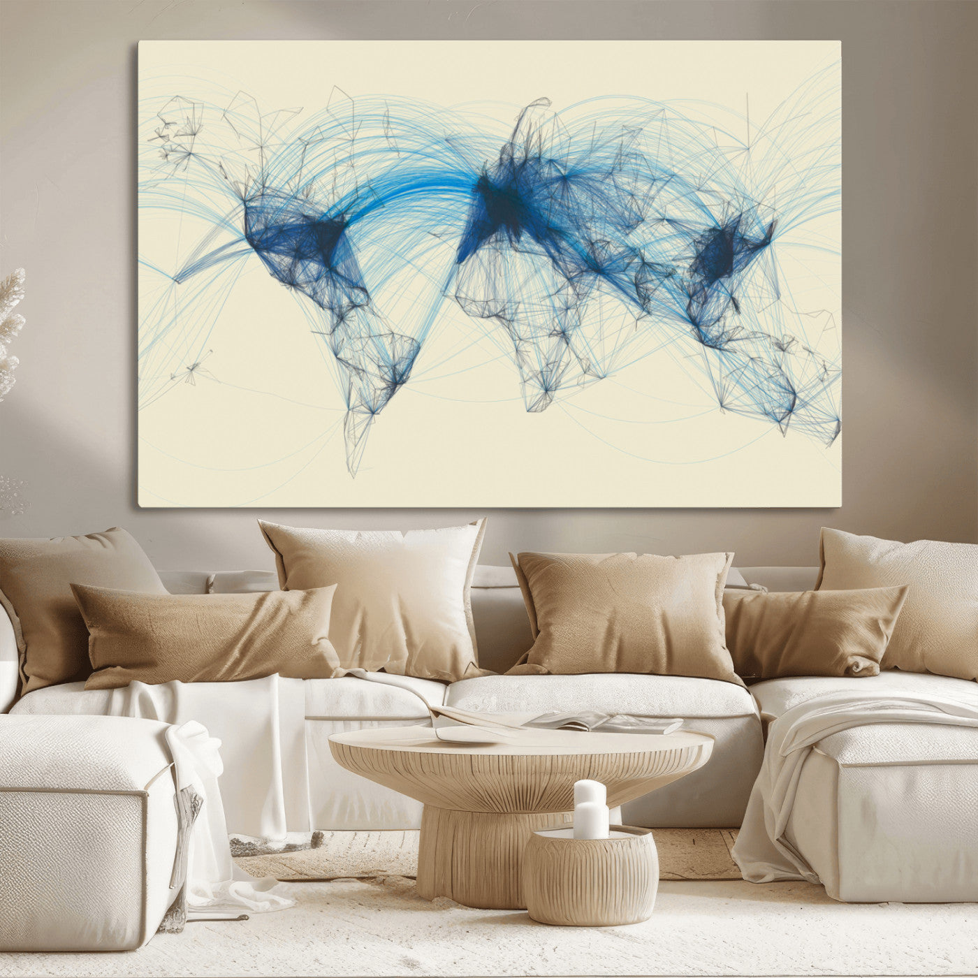 MGV-CV-36X24 - Flight Routes Map art Air Traffic Avi World Map with Blue Connections Canvas Wall Art – Modern