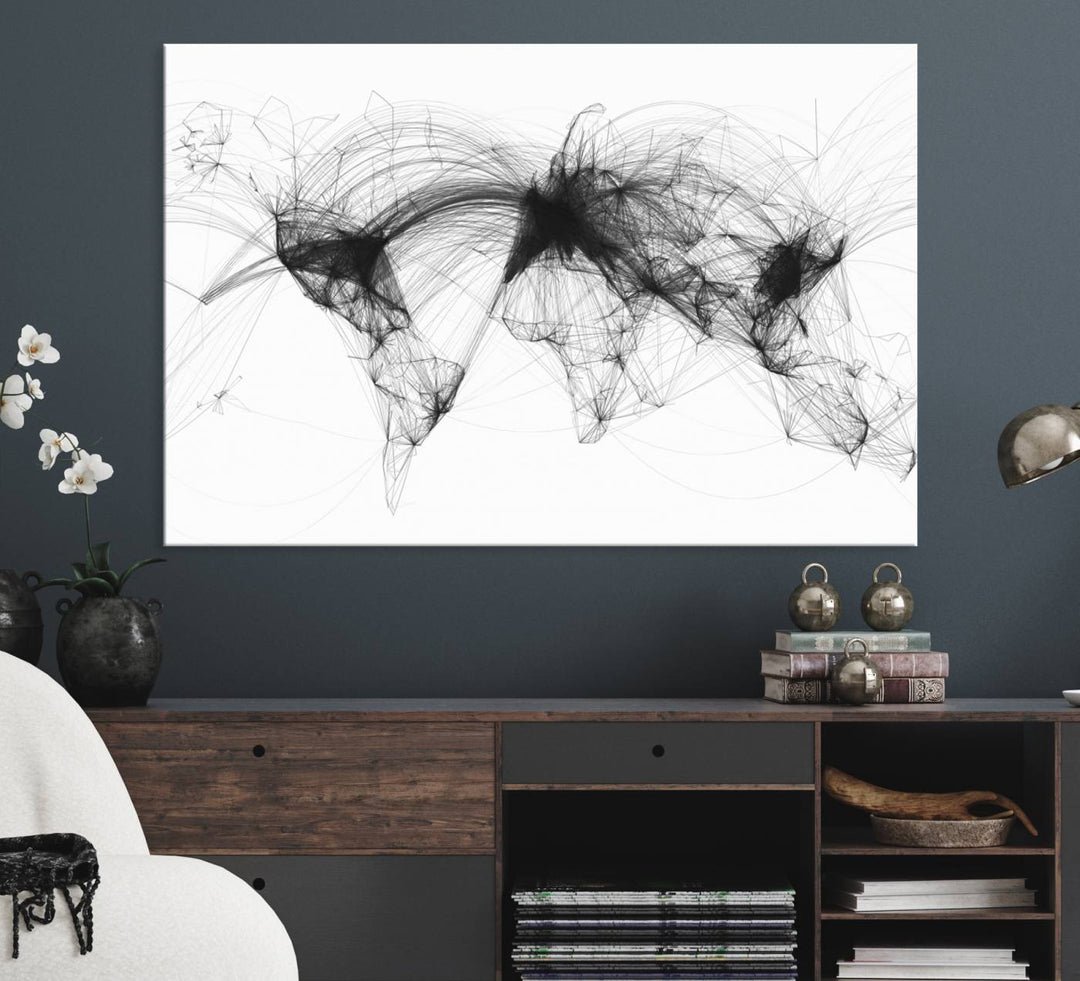 The Flight Routes Air Traffic canvas wall art, framed and ready to hang, is perfect for aviation enthusiasts.