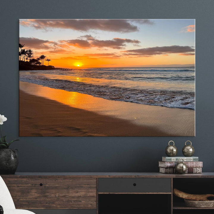 Sunset Wall Art Print featuring a beach sunset with waves and palms, perfect for coastal decor.