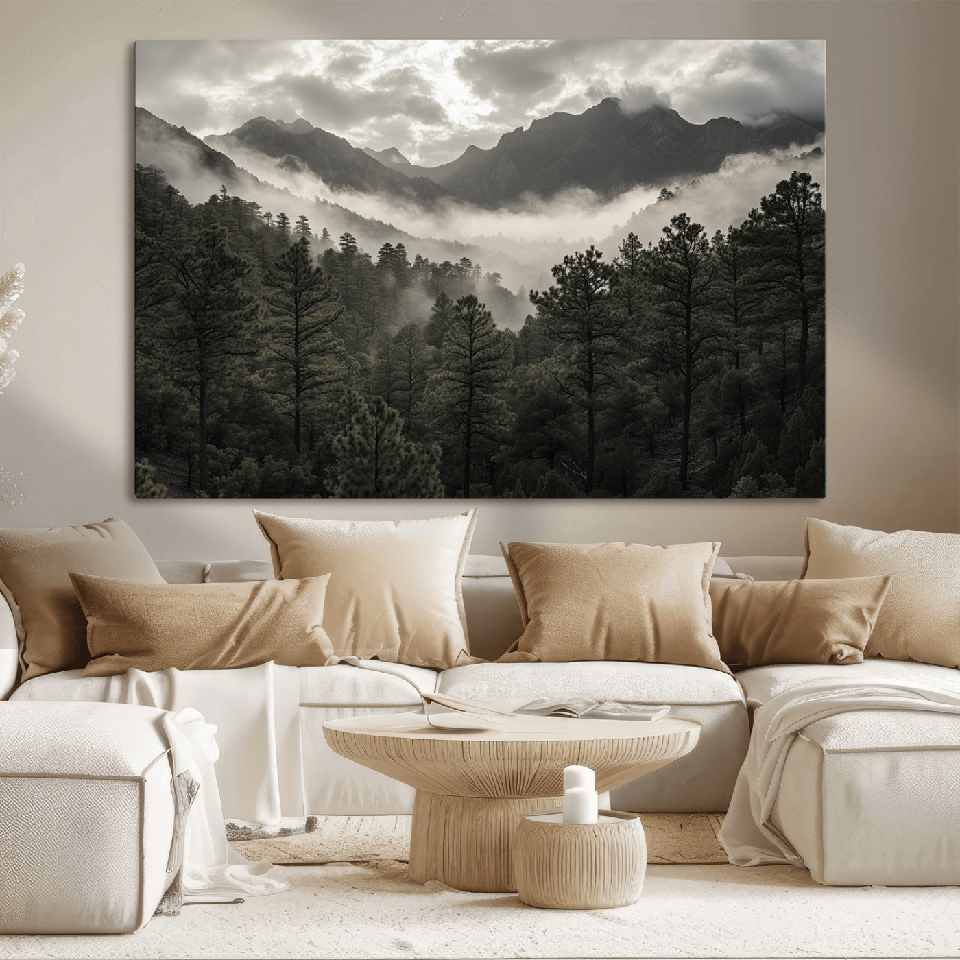 MGV-CV-36X24 - Misty Mountain Forest Wall Art – Canvas Print of Cloudy Peaks, Tranquil Pines, Enchanted Landscape, Majestic Nature Decor for Home or Office