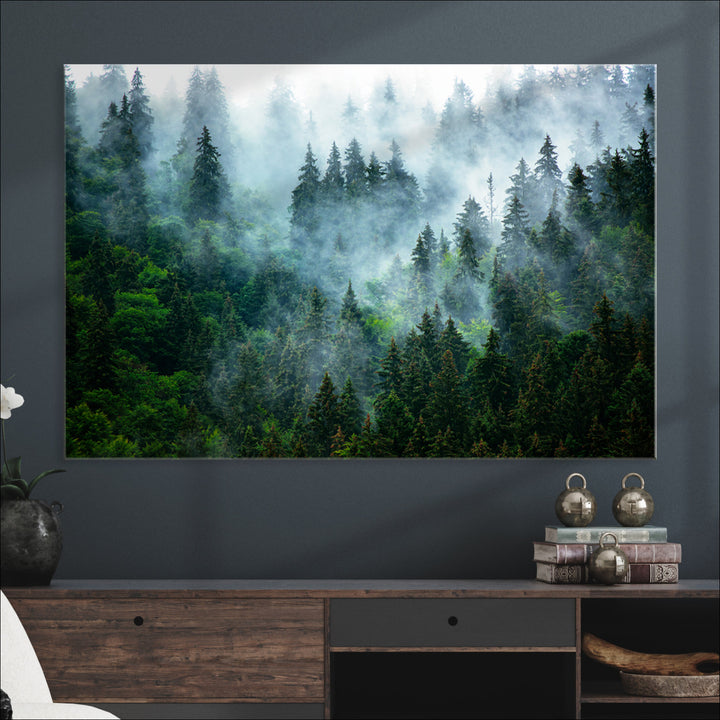 Misty Forest Art Wall Art Canvas Print, Foggy Mountain Art Print, Framed Scenic Wall Print Art Print, Large Woodland Canvas Printing Perfect