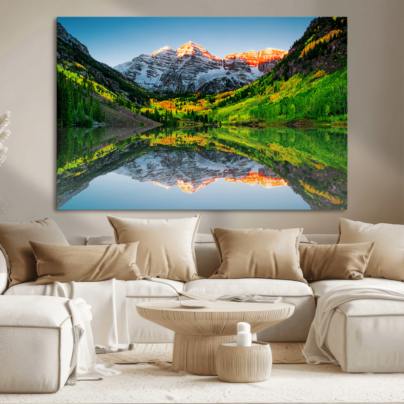 MGV-CV-36X24 - Maroon Bells Lake Print Wall Art – Majestic Colorado Mountain Landscape, Autumn Reflection,