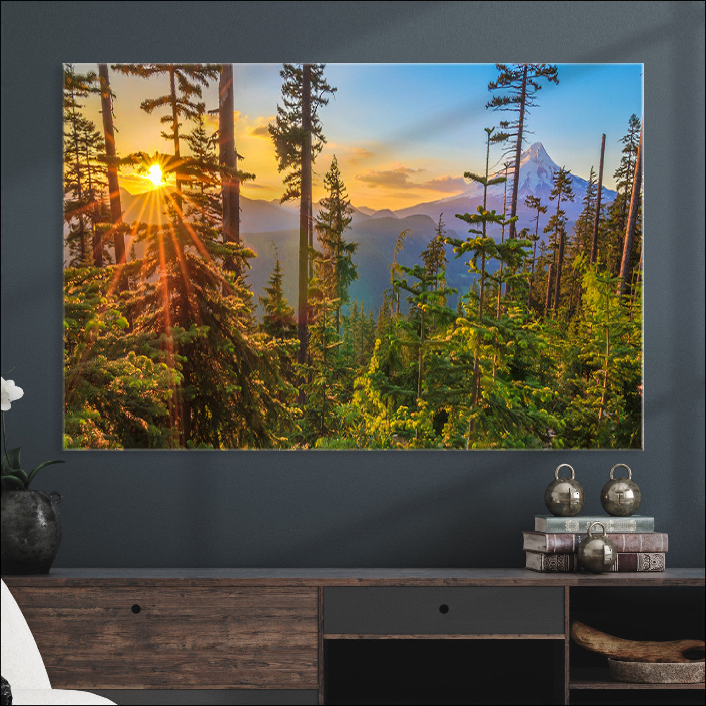 Forest Sunset Wall Art Canvas Print, Framed Sunset Trees Art Picture Print, Green Pines Perfect Rustic Nature Decor