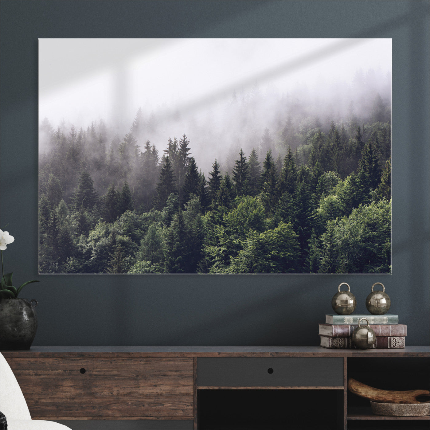 Misty Forest Wall Art Canvas Print, Framed Foggy Pines Art Picture Print, Pine Valley Perfect Moody Woodland Decor