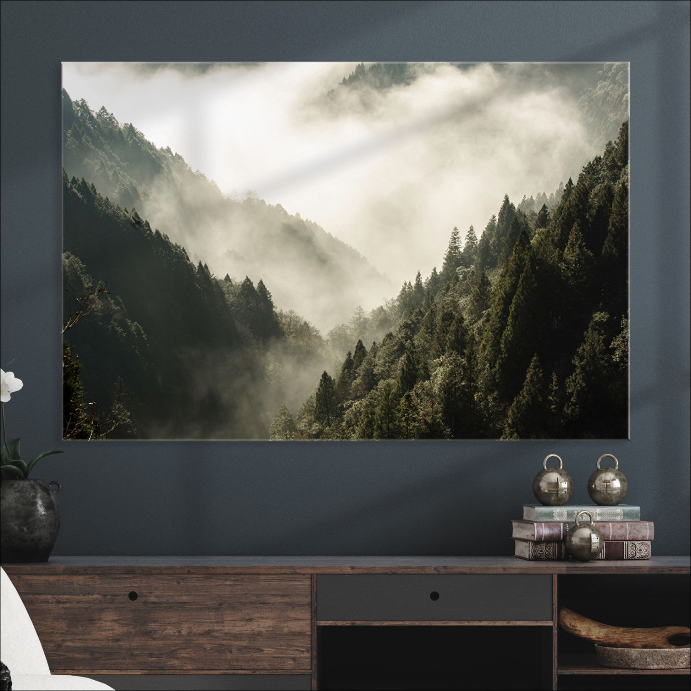 Misty Valley Canvas Print, Framed Foggy Forest Art Picture Print, Pine Trees Perfect Moody Woodland Decor