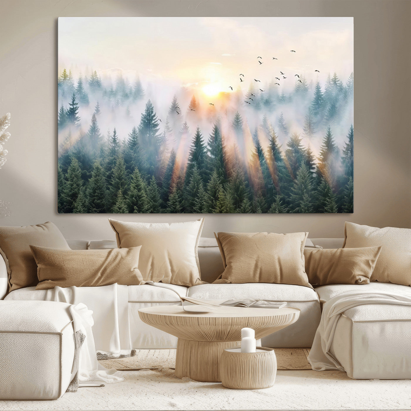 MGV-CV-36X24 - Misty Pine Forest Wall Art Canvas, Sunrise Over Foggy Trees Canvas for Home - Office, Framed