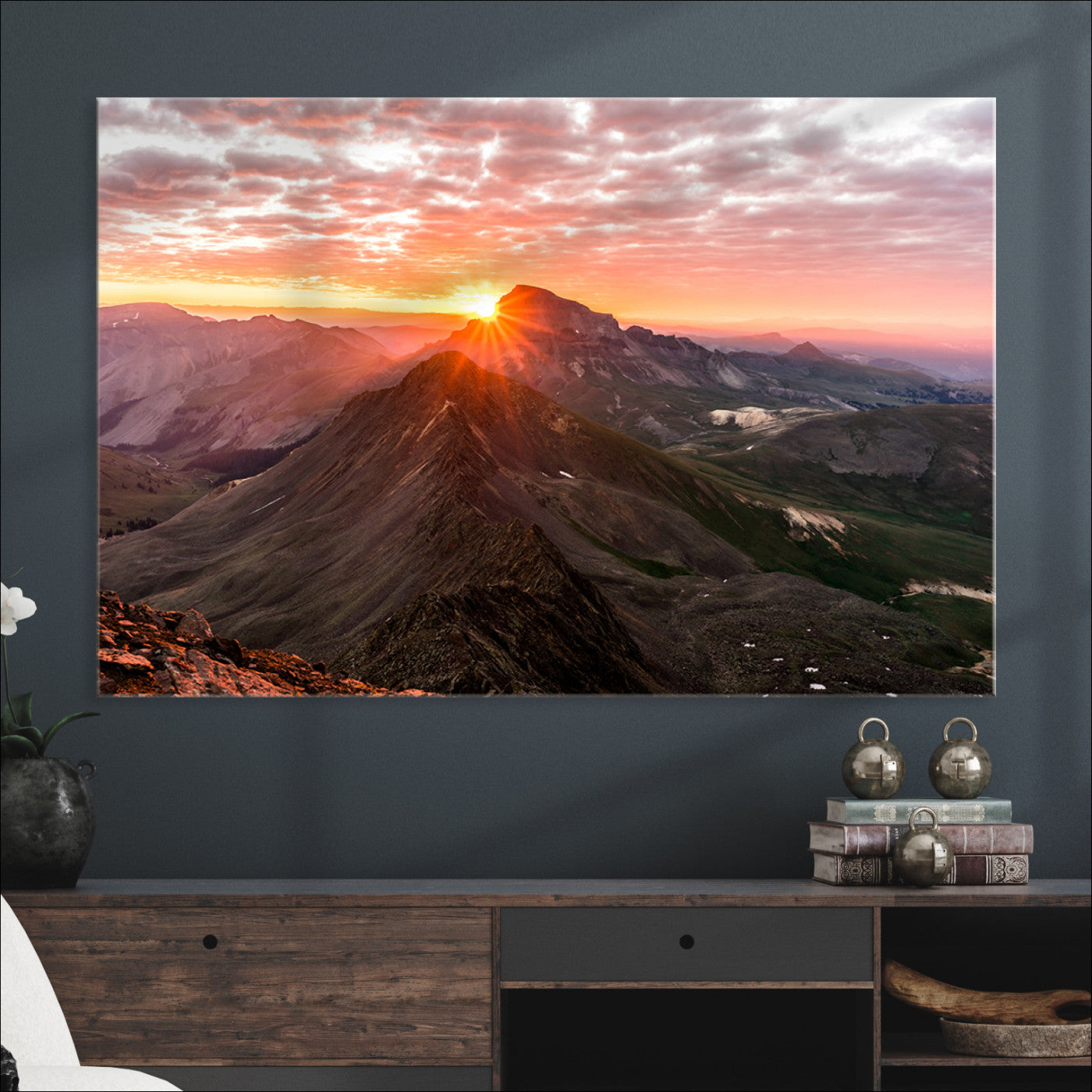 Mountain Sunrise Wall Art Canvas Print, Framed Alpine Ridge Art Picture Print, Mountain Range Perfect Vibrant Rustic Decor