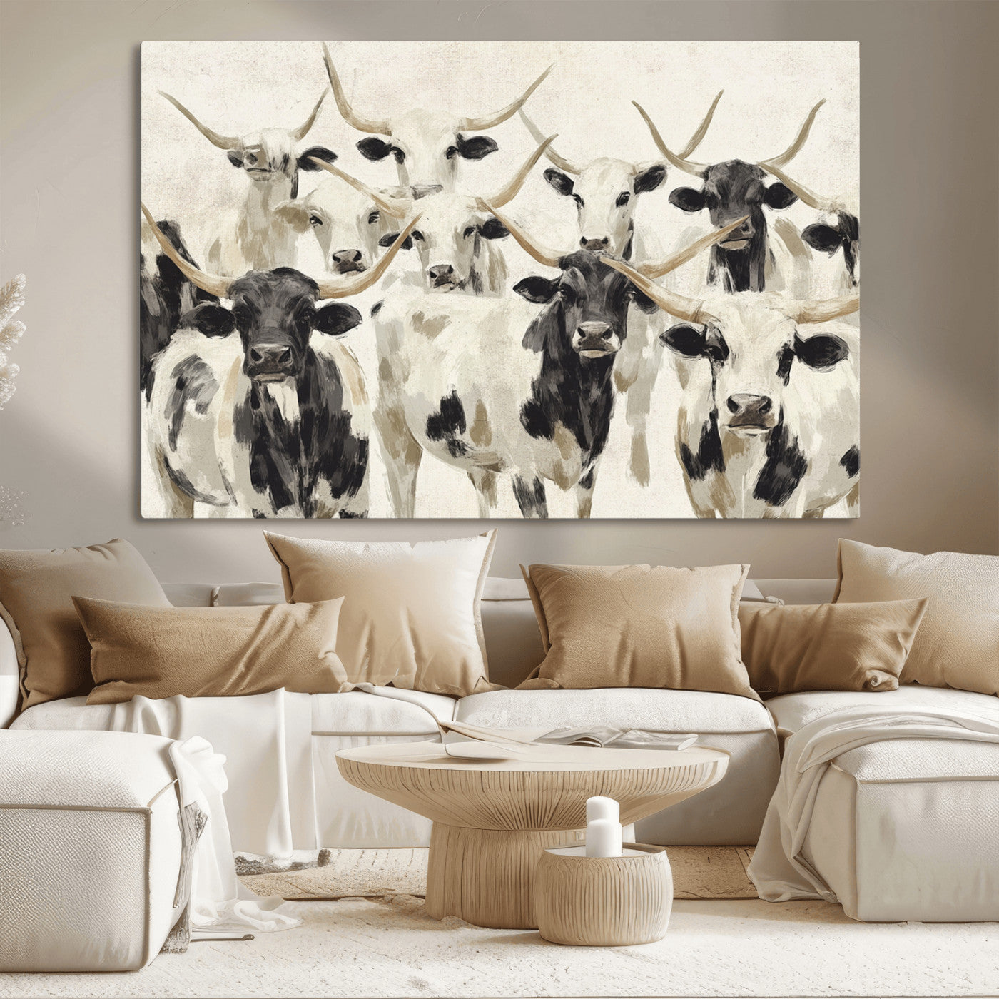 MGV-CV-36X24 - Longhorn Texas Cow Drawing Abstract Wall Art Canvas Print for Farmhouse Decor, Texas Bull Printing
