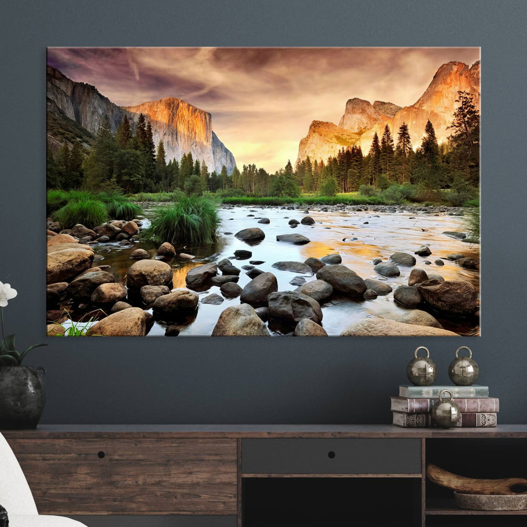 A tranquil riverside sunset mirrors the beauty of a Yosemite wall art masterpiece like the Large El Capitan Print.