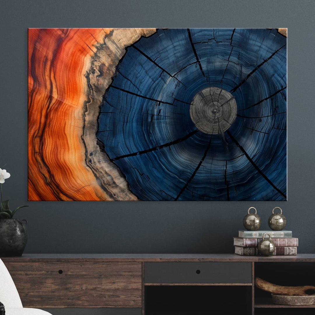 Abstract Tree Rings Canvas Print with vibrant colors—ideal farmhouse wall art for a woodland-themed home.