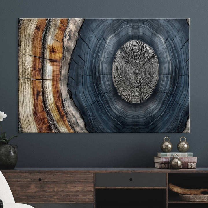 Close-up of the Abstract Tree Rings Wall Art Print featuring shades of blue, brown, and gray.