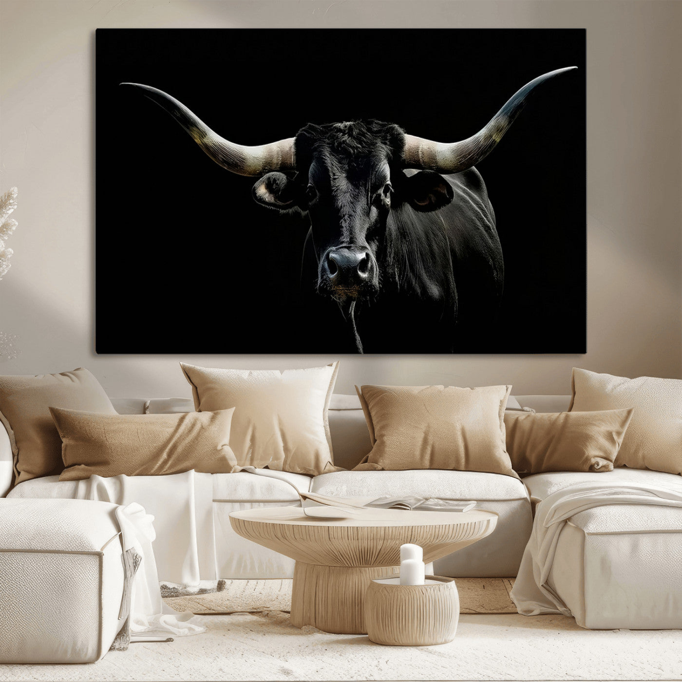 MGV-CV-36X24 - Texas Black Bull Wall Art Print, Longhorn Bull Canvas Wall Art
