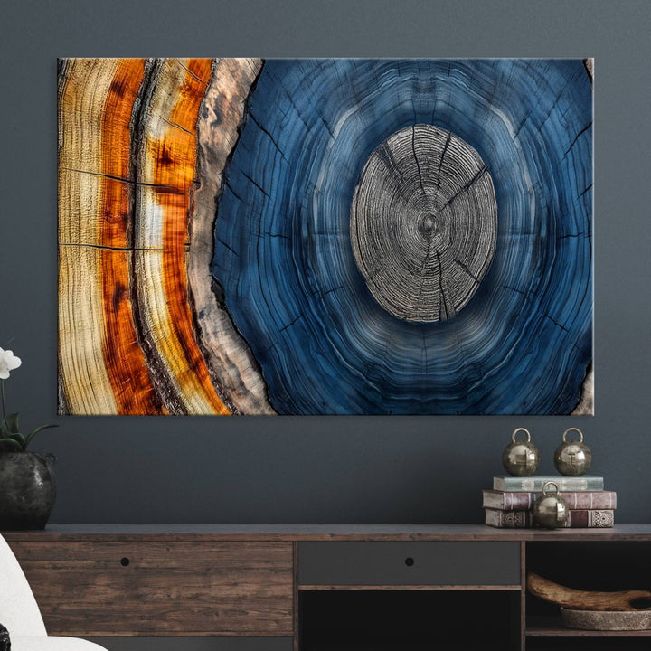 Vibrant Abstract Tree Rings in Orange, Brown, and Blue - Canvas Print for Nature Woodland Wall Decor.