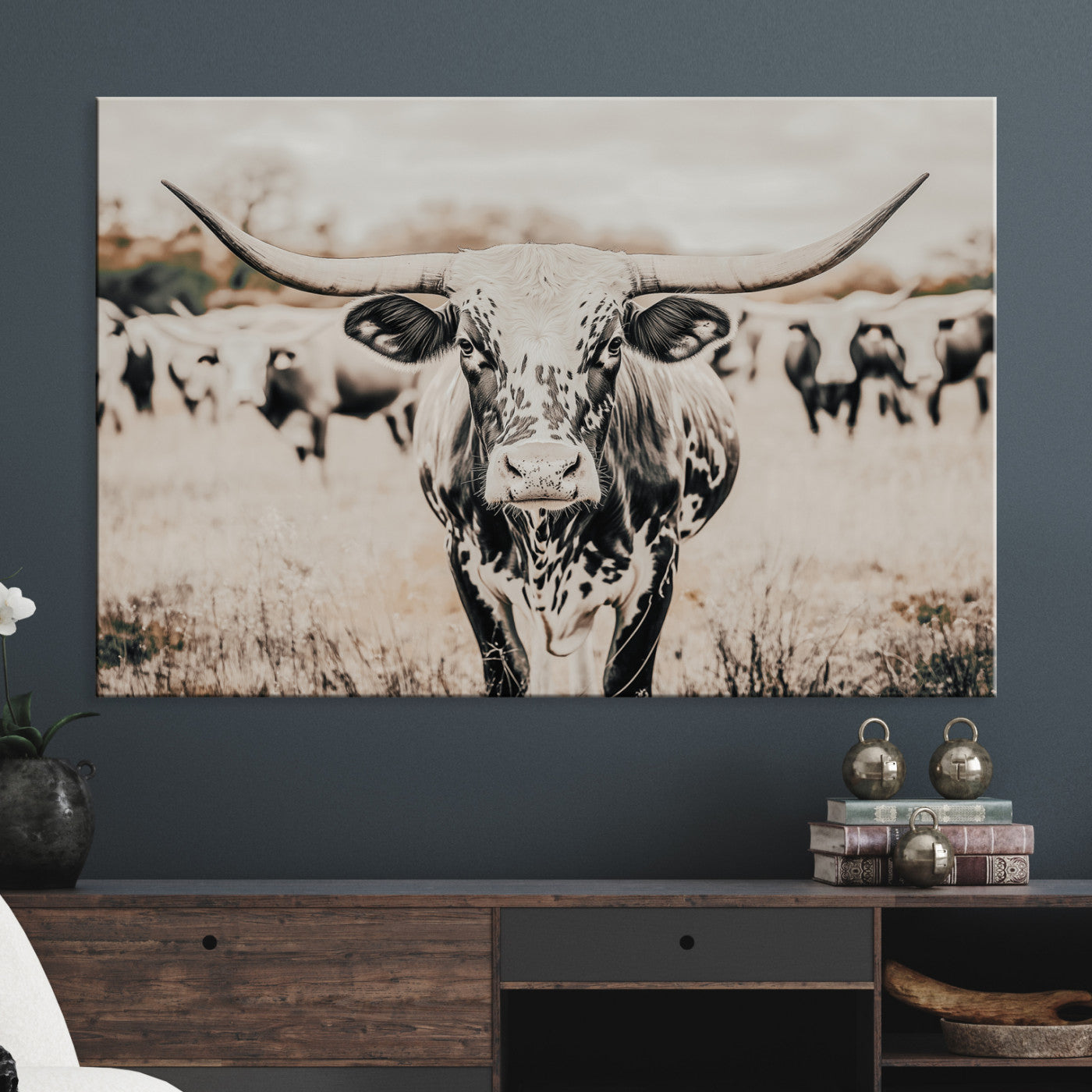 Texas Longhorn Wall Art Canvas Print, Framed Speckled Cow Art Picture Print, Horned Cattle Perfect Rustic Western Decor Artwork