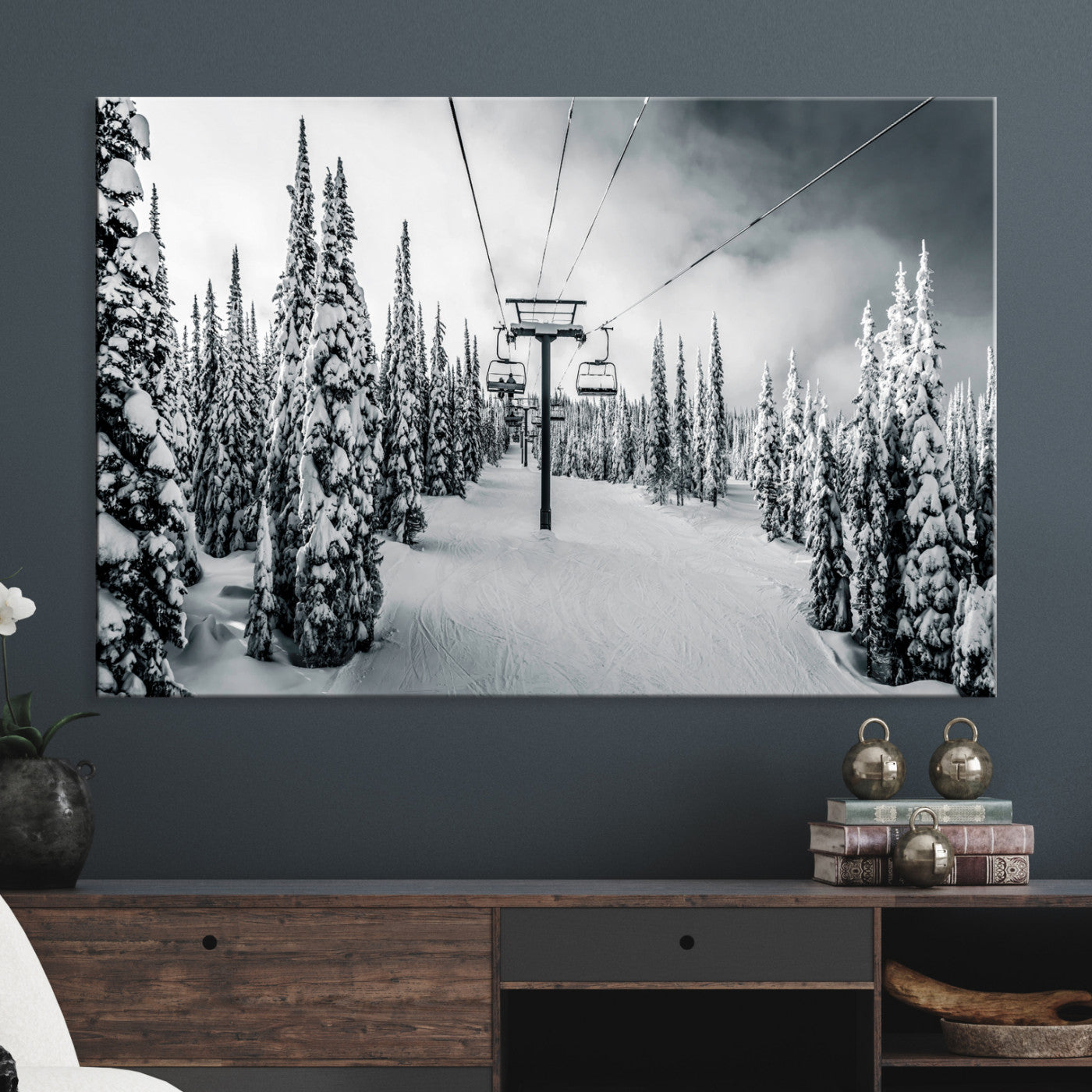 Snowy Pines Wall Art Canvas Print, Framed Ski Lift Art Picture Print, Winter Forest Perfect Moody Lodge Decor, Ski Lift Wall Art Canvas