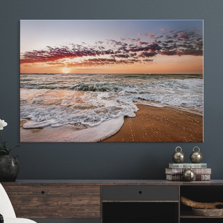 Ocean Sunset Wall Art Canvas Print, Framed Sandy Shore Art Picture Print, Gentle Waves Perfect Minimalist Coastal Decor, Ocean Waves Wall Art Print