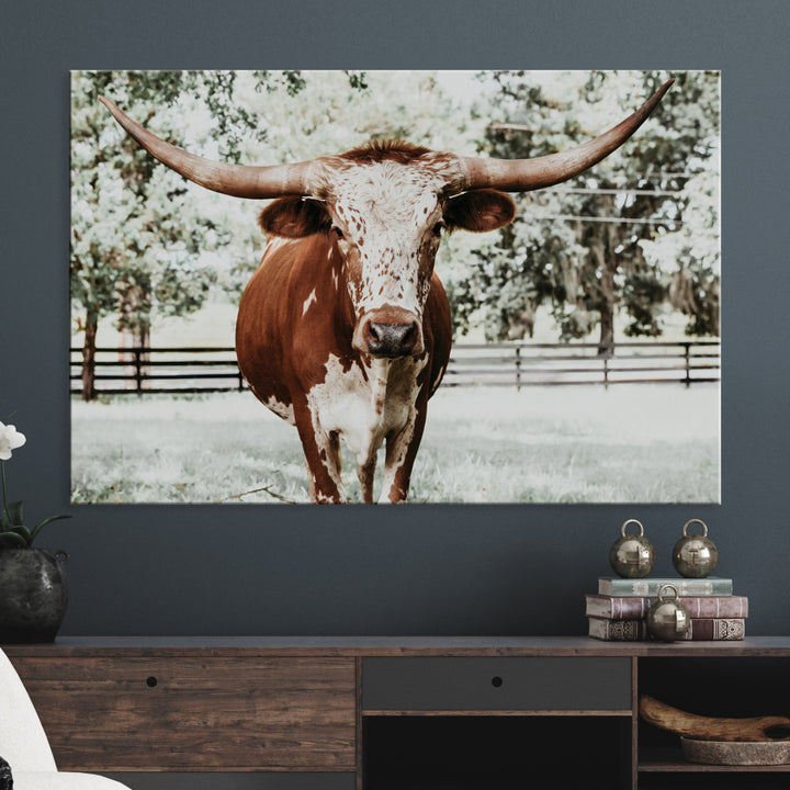 Texas Longhorn Wall Art Canvas Print, Framed Spotted Cow Art Picture Print, Horned Cattle Perfect Rustic Western Decor, Framed Horned Cattle Print
