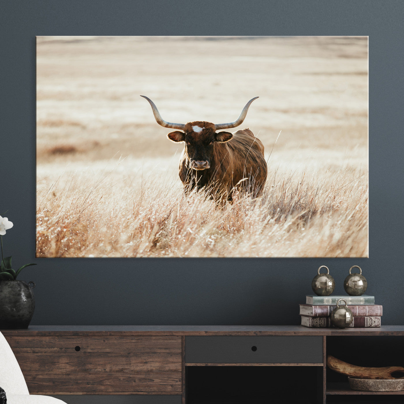Texas Longhorn Wall Art Canvas Print, Framed Brown Cattle Art Picture Print, Horned Bull Perfect Rustic Western Decor Artwork