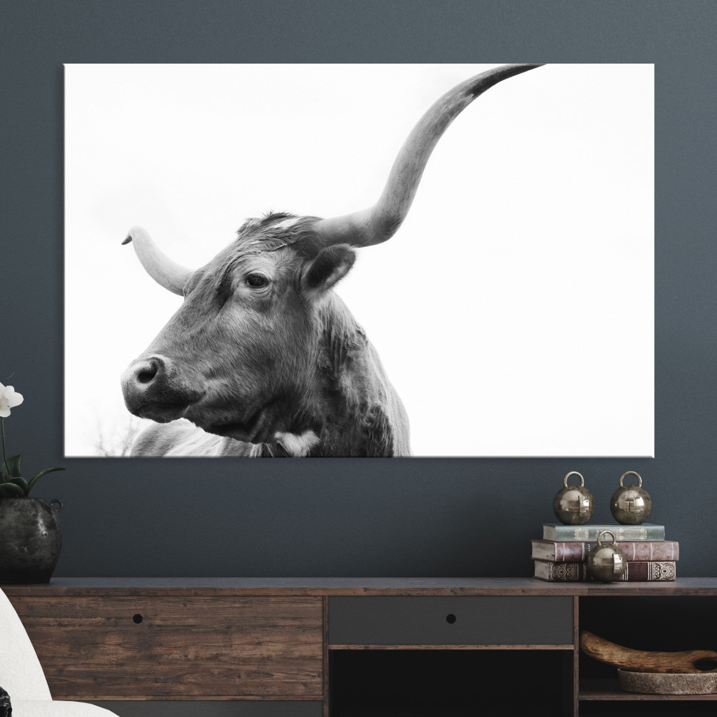 64392617-MGV-CV-36X24-Longhorn Wall Art Wall Art Canvas Print, Framed Modern Ranch Style Art Art Picture Print, Monochrome Cow Print Perfect Rustic Western Decor