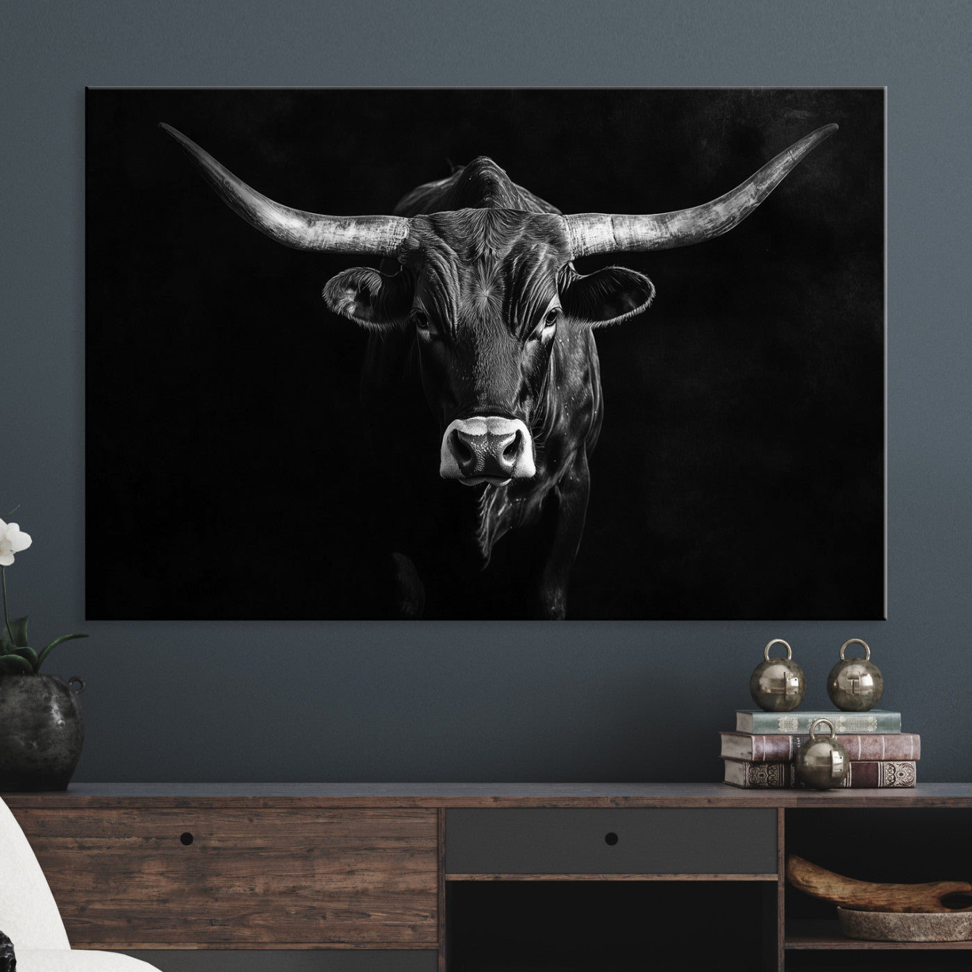 Texas Longhorn Wall Art Canvas Print, Framed Monochrome Bull Art Picture Print, Horned Bull Perfect Rustic Western Decor Artwork