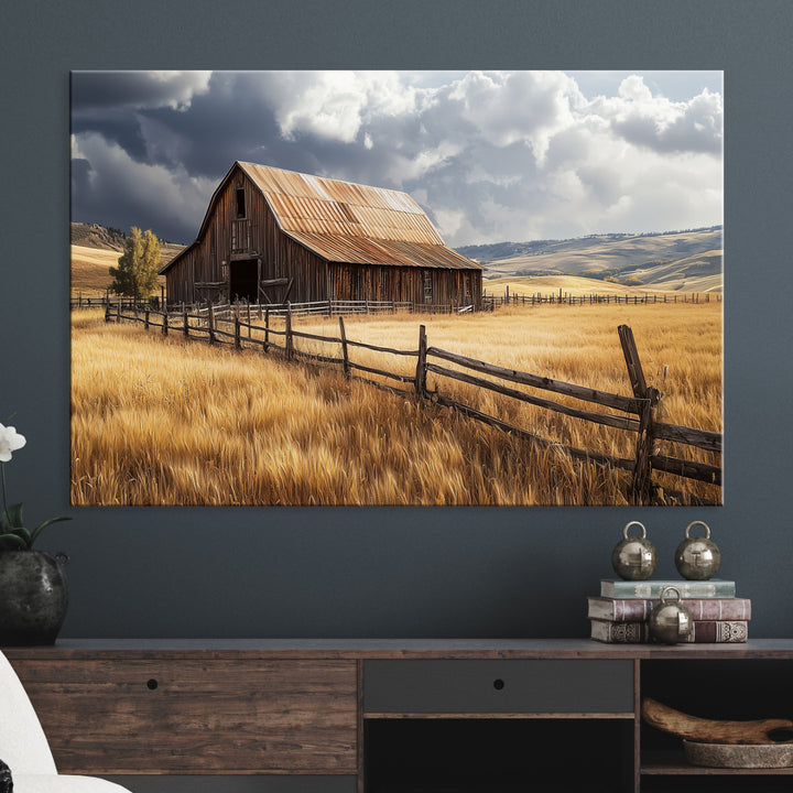 Rustic Barn Wall Art Canvas Print, Framed Moody Barn Art Picture Print, Golden Field Perfect Rustic Farmhouse Decor