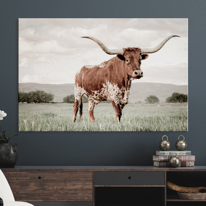 Texas Longhorn Wall Art Canvas Print, Framed Spotted Cattle Art Picture Print, Horned Bull Perfect Rustic Western Decor Artwork