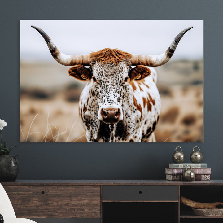 Texas Longhorn Wall Art Canvas Print, Framed Spotted Cow Art Picture Print, Horned Cattle Perfect Rustic Western Decor Artwork