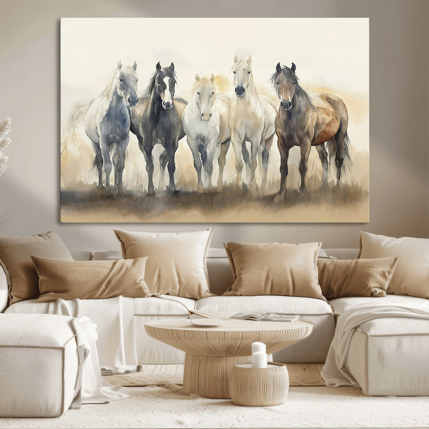 MGV-CV-36X24 - Wild Horses Wall Art Canvas Print, Framed Running Horses Art Picture Print, Watercolor Horses Perfect Rustic Western Decor Artwork