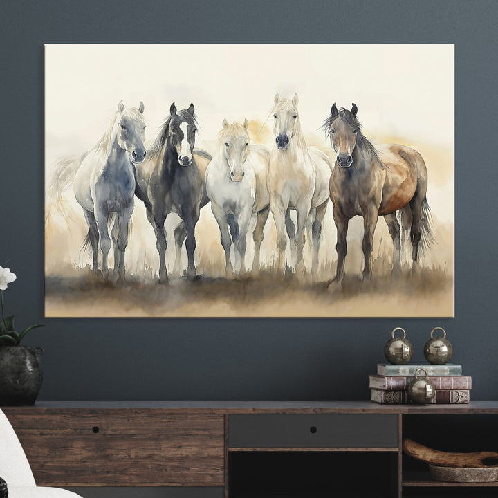 Wild Horses Wall Art Canvas Print, Framed Running Horses Art Picture Print, Watercolor Horses Perfect Rustic Western Decor