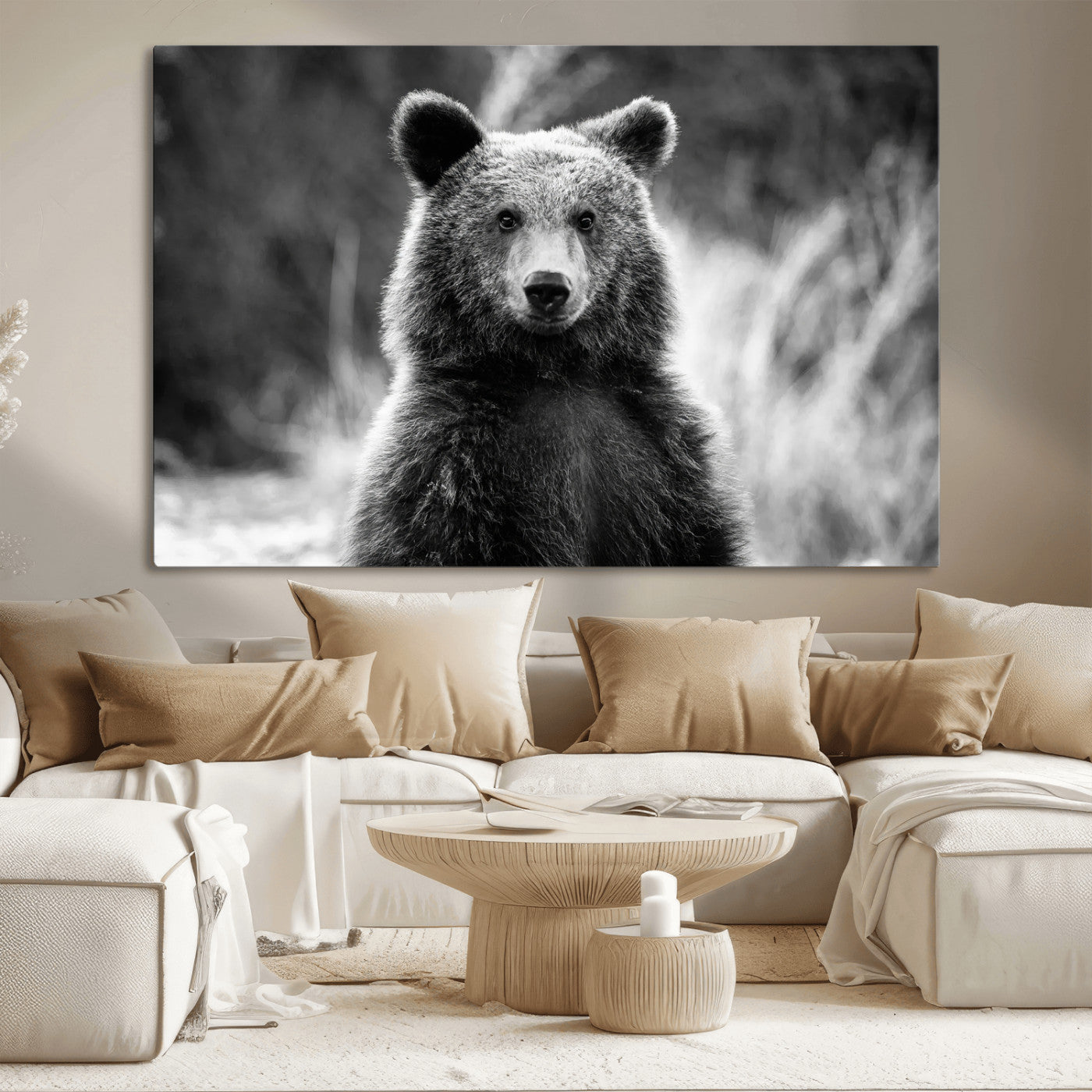 MGV-CV-36X24 - Grizzly Bear Wall Art Canvas Print, Framed Black White Bear Art Picture Print, Wild Bear Perfect Rustic Wildlife Decor Artwork