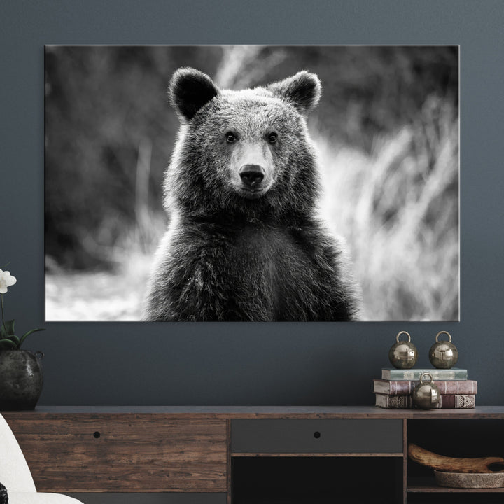 Grizzly Bear Wall Art Canvas Print, Framed Black White Bear Art Picture Print, Wild Bear Perfect Rustic Wildlife Decor