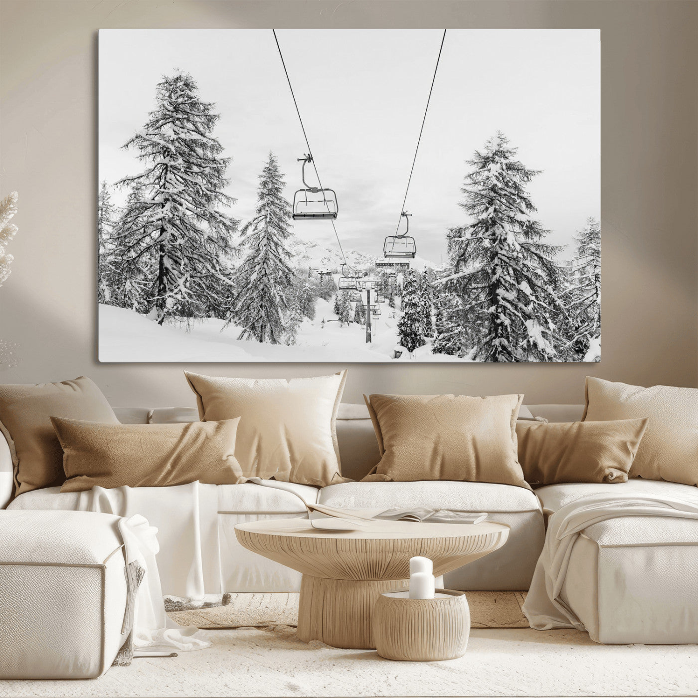 MGV-CV-36X24 - Wall Art Canvas Print Winter Chairlift Views Silent Snow-Covered Pines Mountain Calm Serenity Frozen