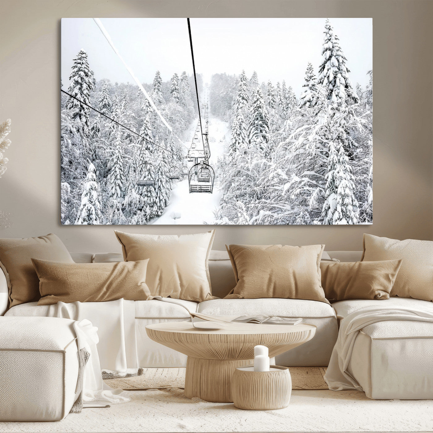 MGV-CV-36X24 - Snowy Mountains Wall Art Canvas Print, Framed Ski Lift Art Picture Print, Winter Forest Perfect
