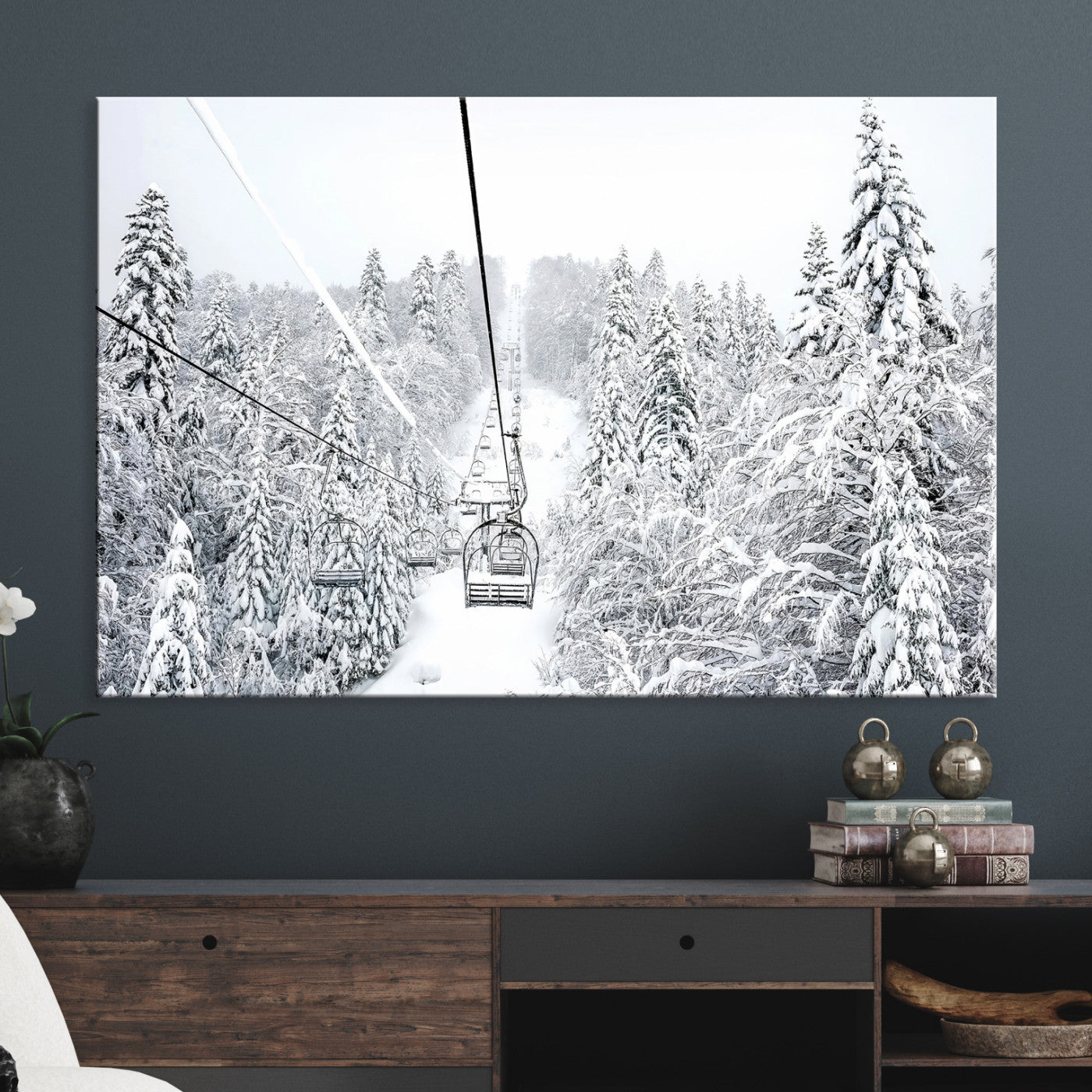 Snowy Mountains Wall Art Canvas Print, Framed Ski Lift Art Picture Print, Winter Forest Perfect Winter Minimalist Decor, Ski Lift Canvas