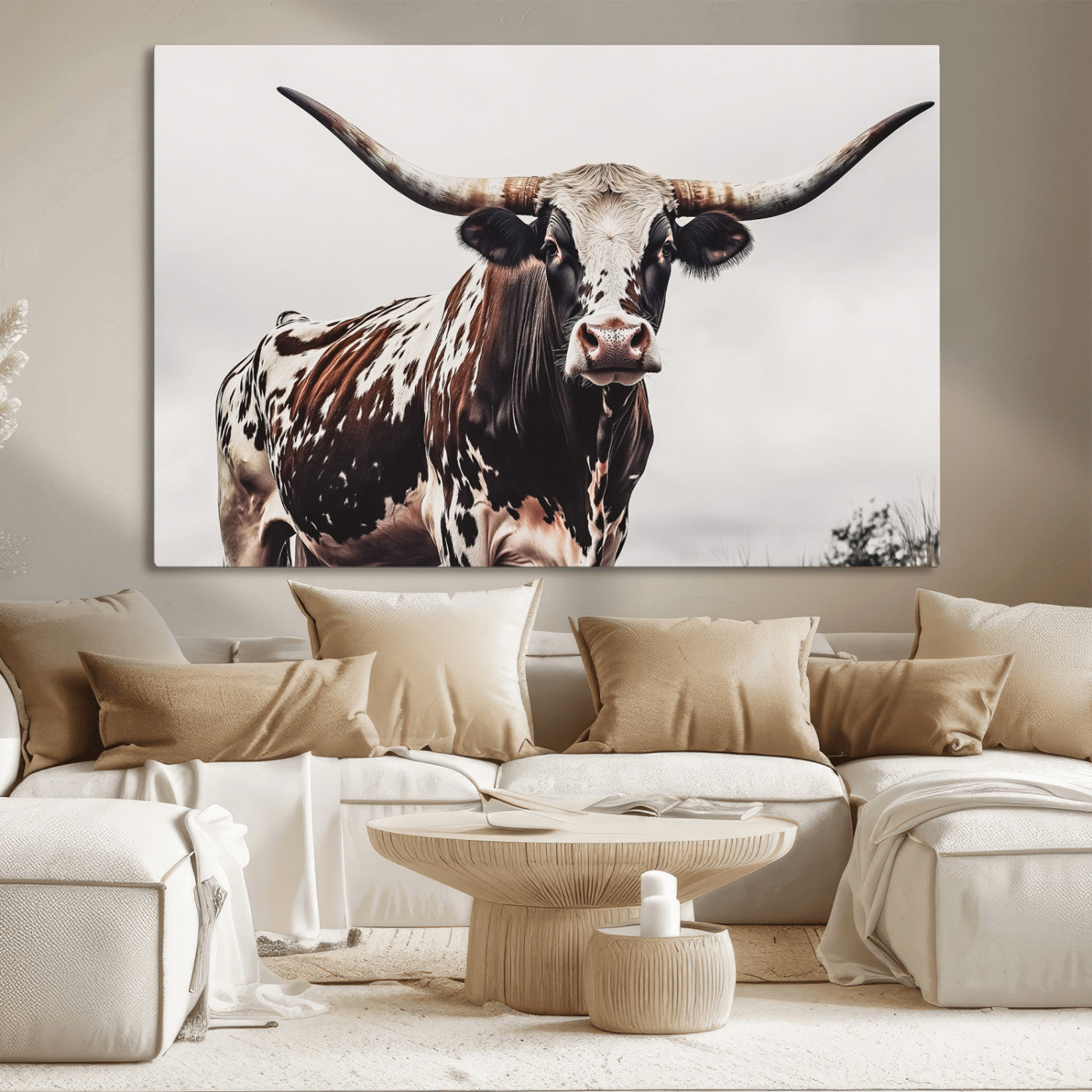 Close-up of a Texas Longhorn bull with powerful horns, perfect for rustic farmhouse or country-themed home decor. Ideal for animal lovers.