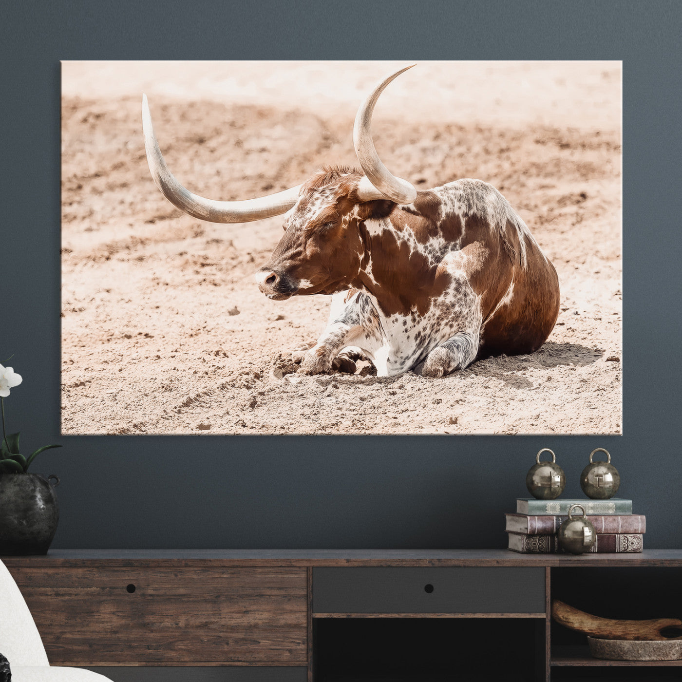 Texas Longhorn Wall Art Canvas Print, Framed Resting Bull Art Picture Print, Spotted Cattle Perfect Rustic Western Decor, Spotted Cattle