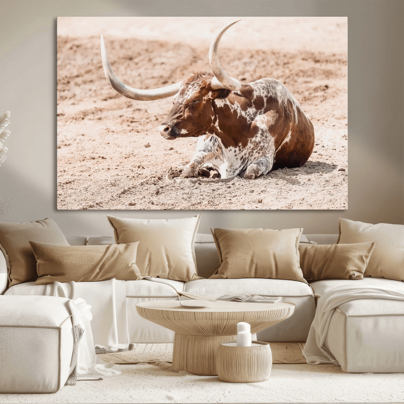 91248682-MGV-CV-36X24-Texas Longhorn Wall Art Canvas Print – Framed Resting Bull Scene with Spotted Cattle Artwork for Home, Office
