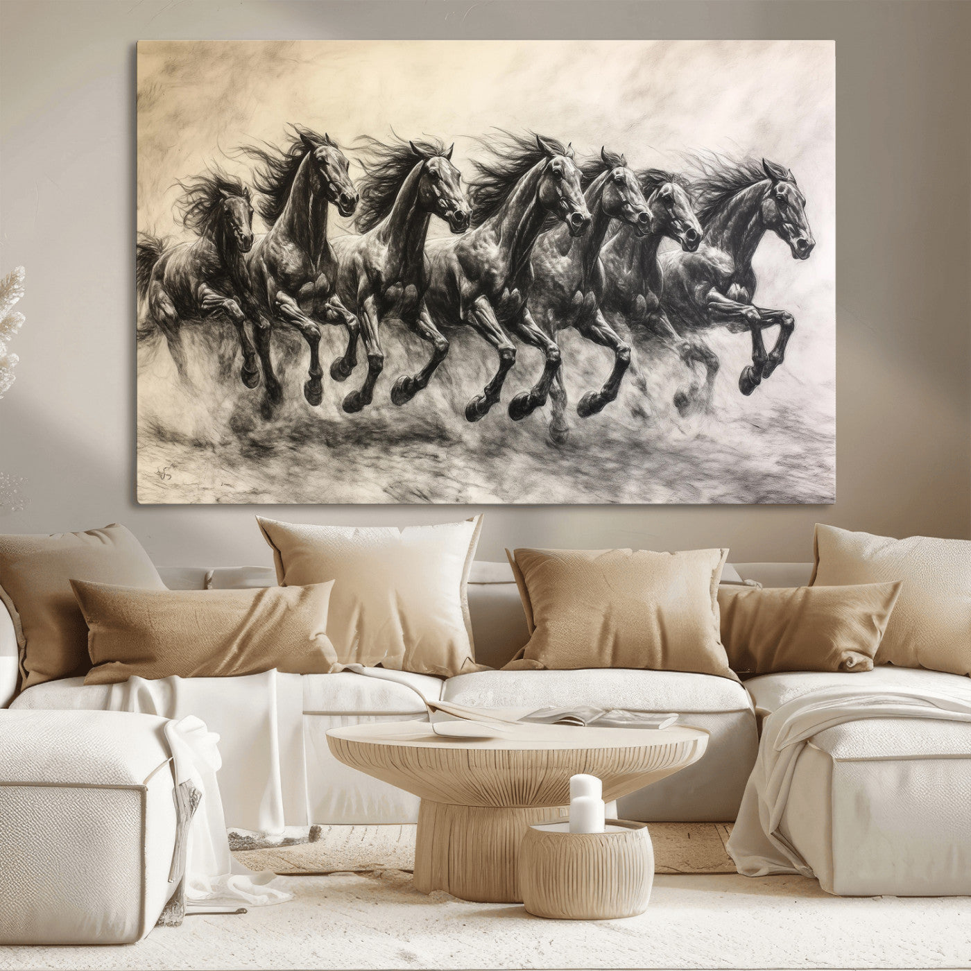 Monochrome drawing of a herd of galloping horses, perfect for dynamic and wild-themed decor in any equestrian or nature-inspired room.
