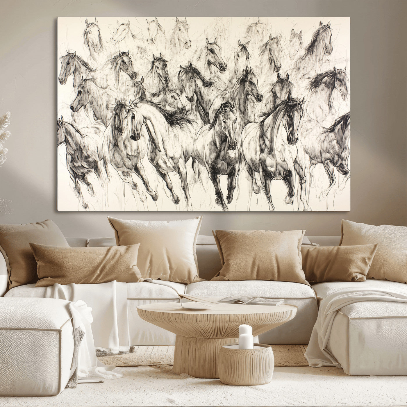 Monochrome ink sketch of galloping horses in dynamic motion, perfect for western or equine-themed wall decor with bold artistic energy.
